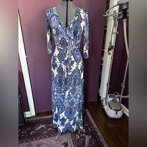 Janette Fashion blue and white Faux Wrap Maxi Dress. Size small